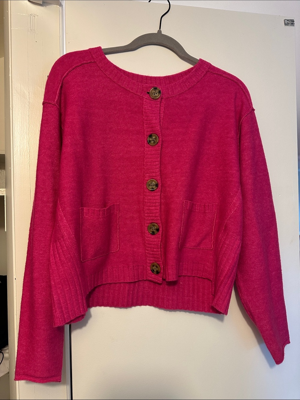 Free People Bright Fuchsia Button-Front Pocket Cardigan